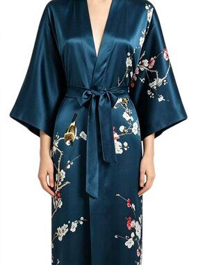 Grace Silk 100% Silk Kimono, Plum Tree Blossoms, Bluegreen, Long Robe